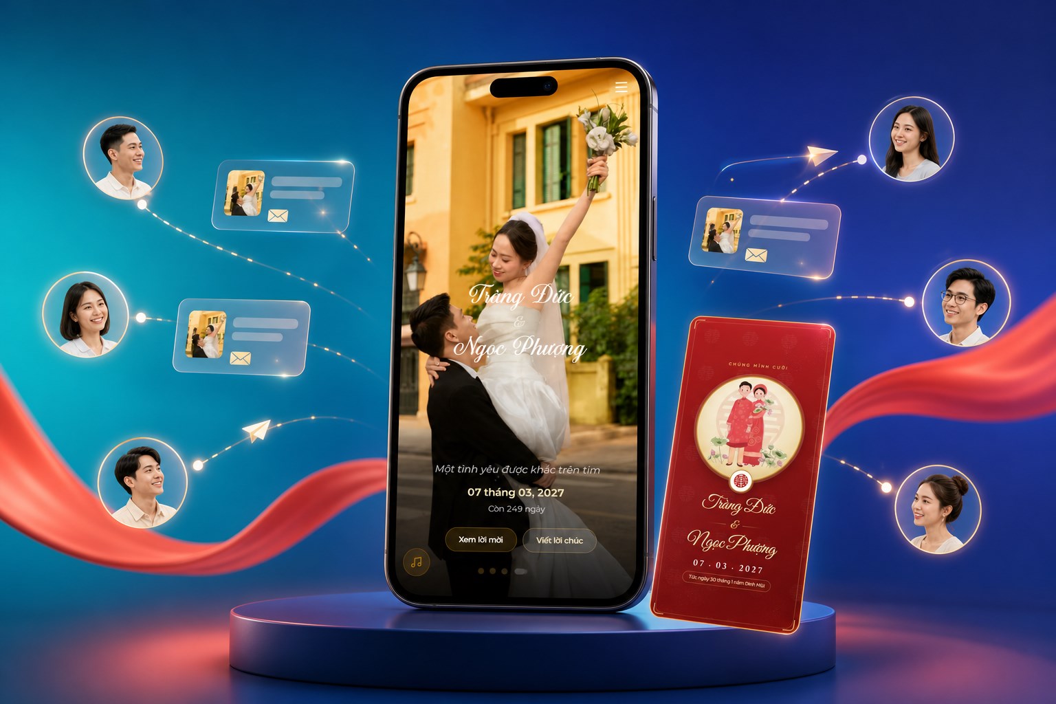 Điện thoại mở phong bì thiệp cưới online trước khi gửi qua Zalo