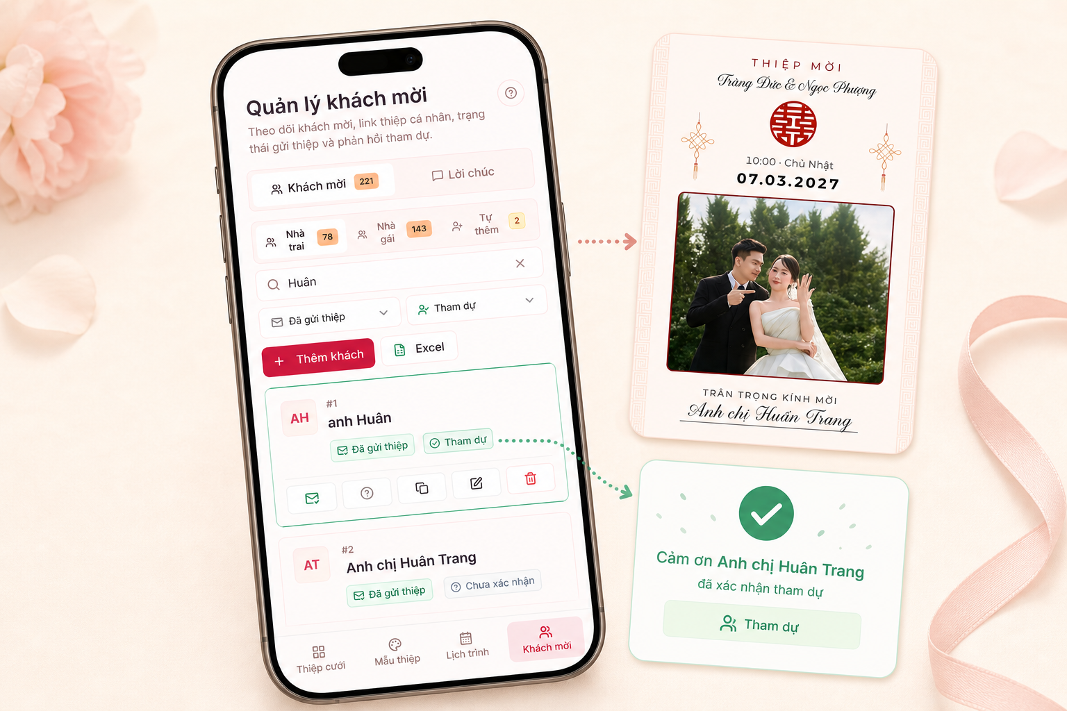 Màn hình quản lý khách mời, thiệp cá nhân hóa và xác nhận RSVP tại Một Đời